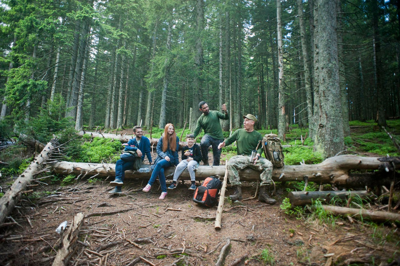 Five friends relaxing and chatting on logs in a lush green forest, enjoying nature.